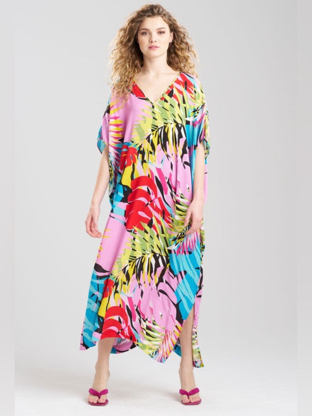 Natori Multicolor Tropical V-Neck Maxi Caftan - Pink, Blue, Red, Yellow, Green